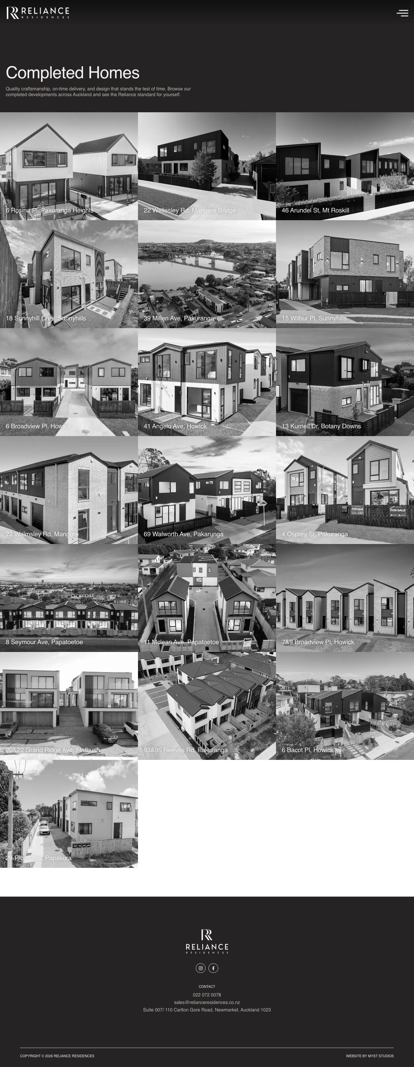 The full Completed Homes page with a grid of finished developments