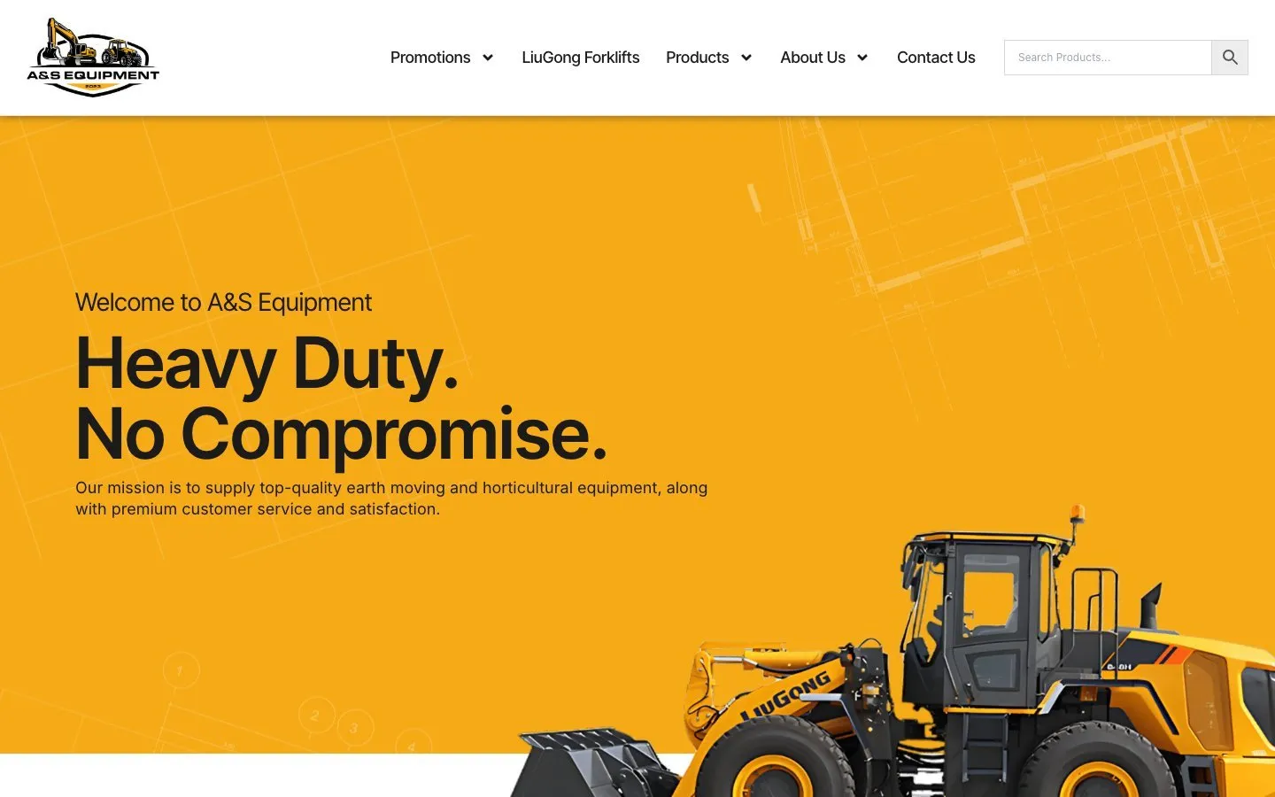 The A&S Equipment homepage with a LiuGong wheel loader on a yellow background