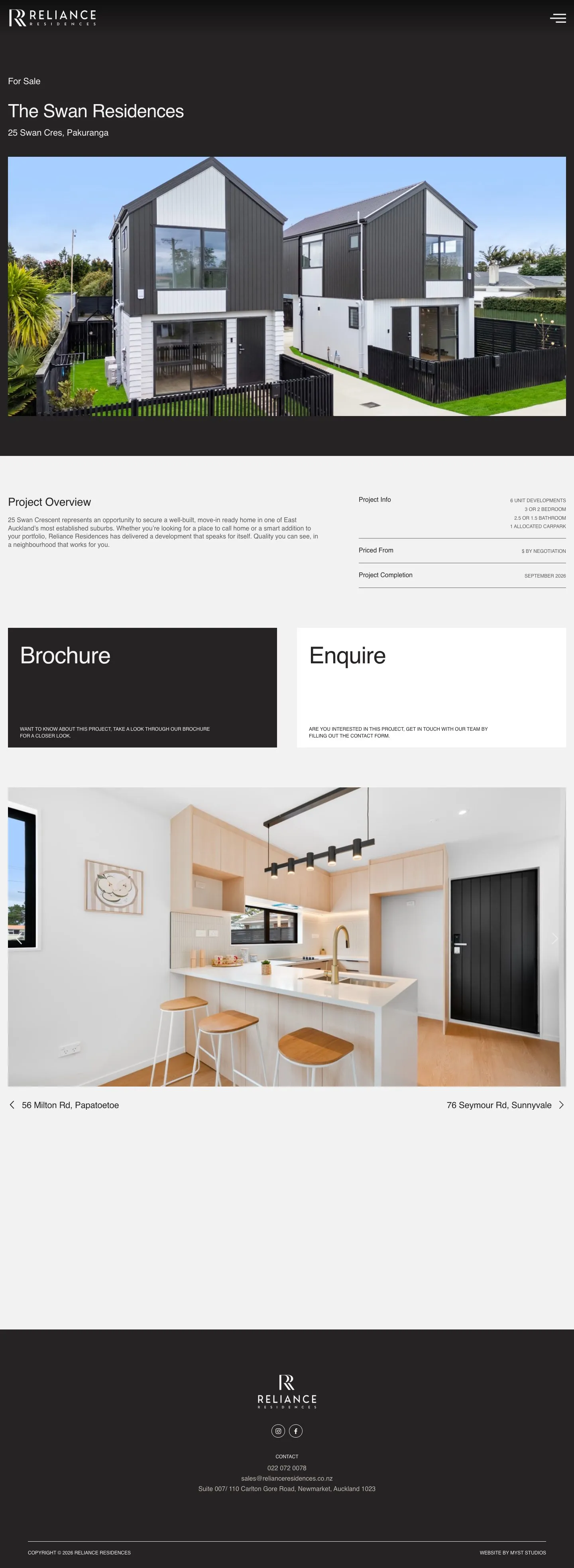 The full Swan Residences development page with the overview