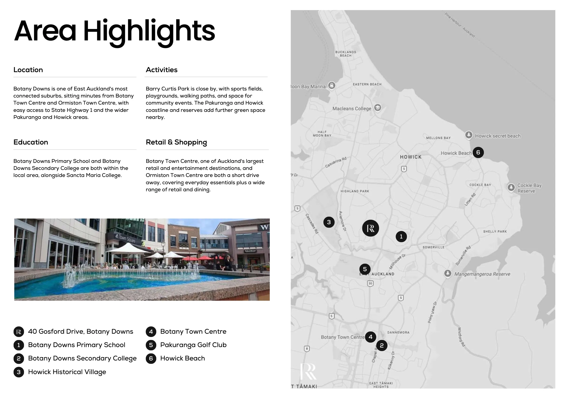 The Area Highlights spread with a map of Botany Downs and nearby schools and shops