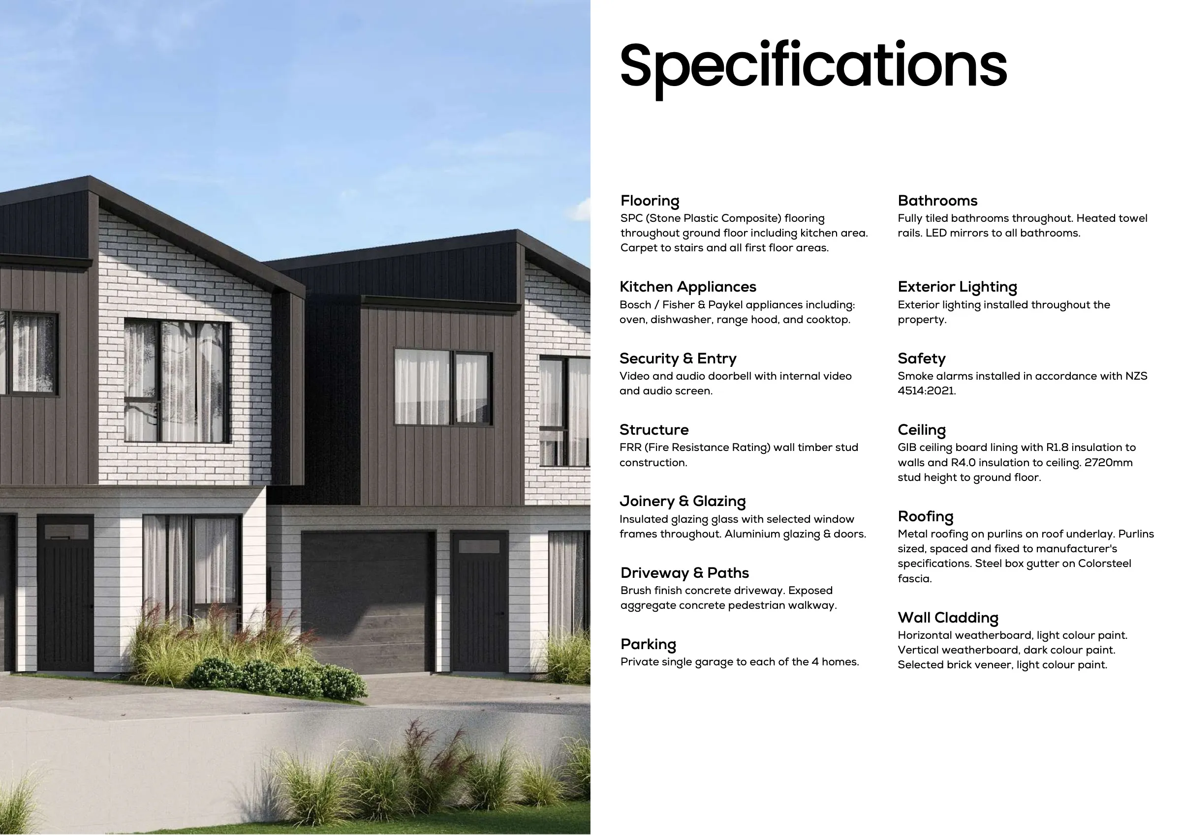 The Specifications spread with a render of the homes