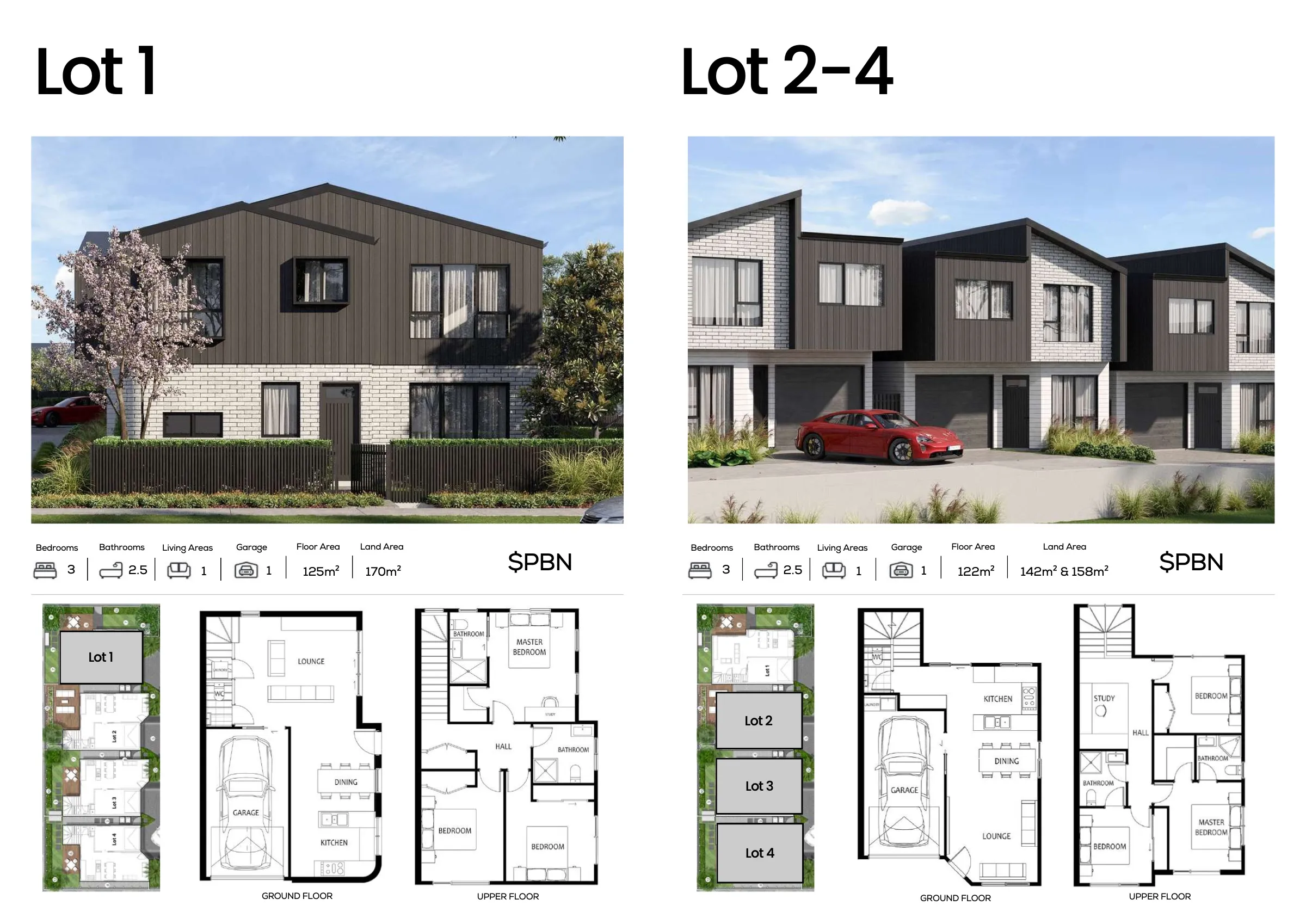 The Lot 1 and Lot 2 to 4 spread with renders and floor plans