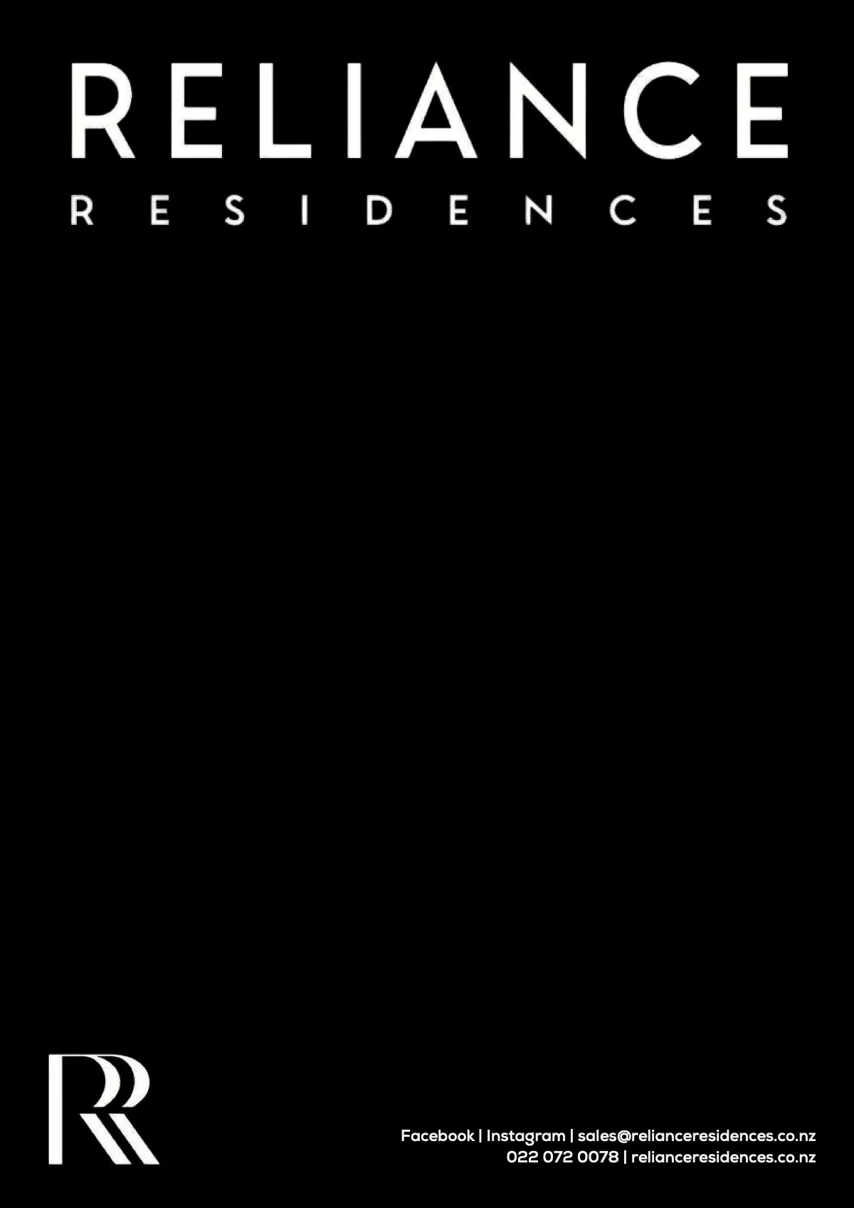 The back cover of the Gosford Residences brochure with the Reliance Residences logo and contact details