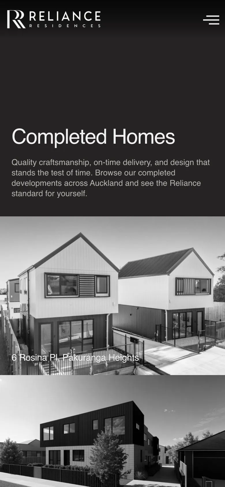 The Completed Homes page on a phone