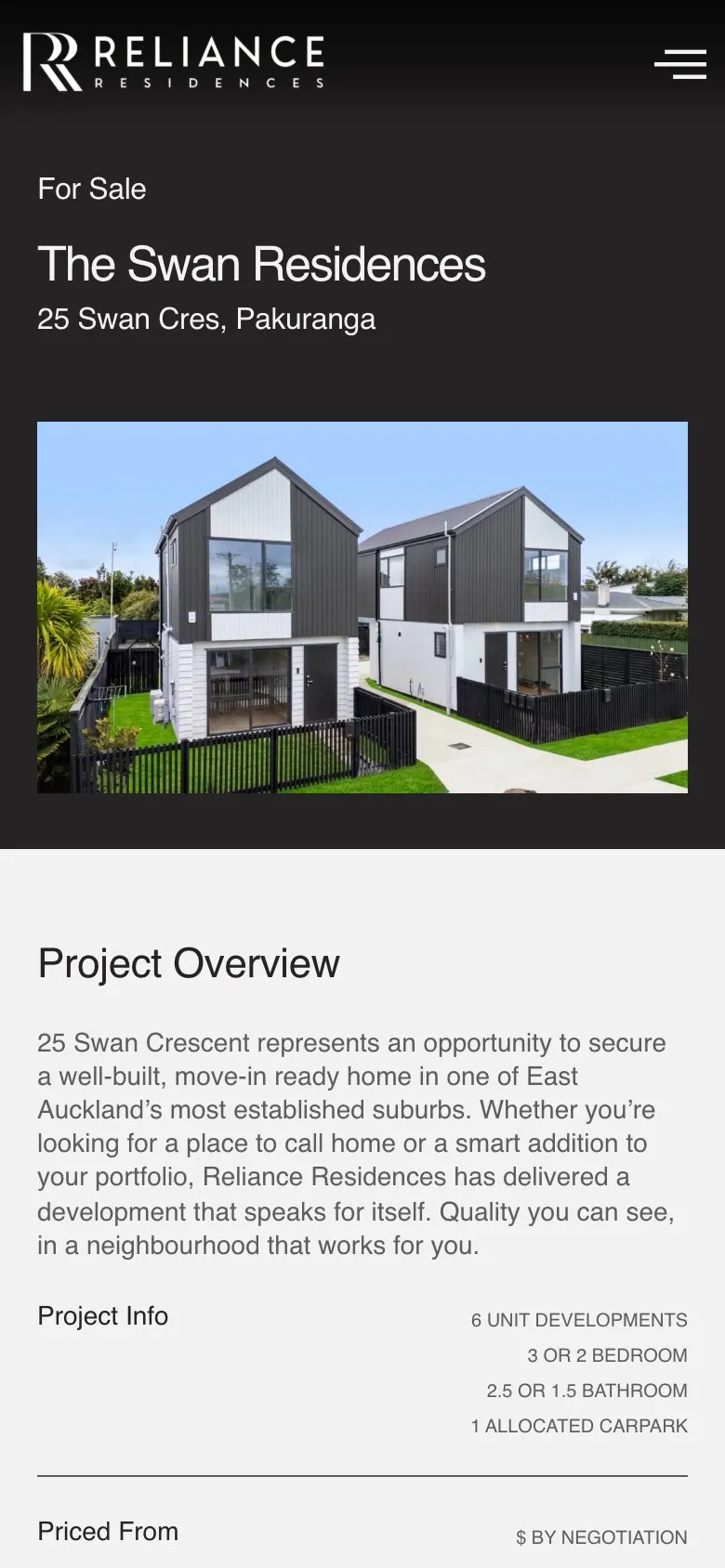 The Swan Residences development page on a phone