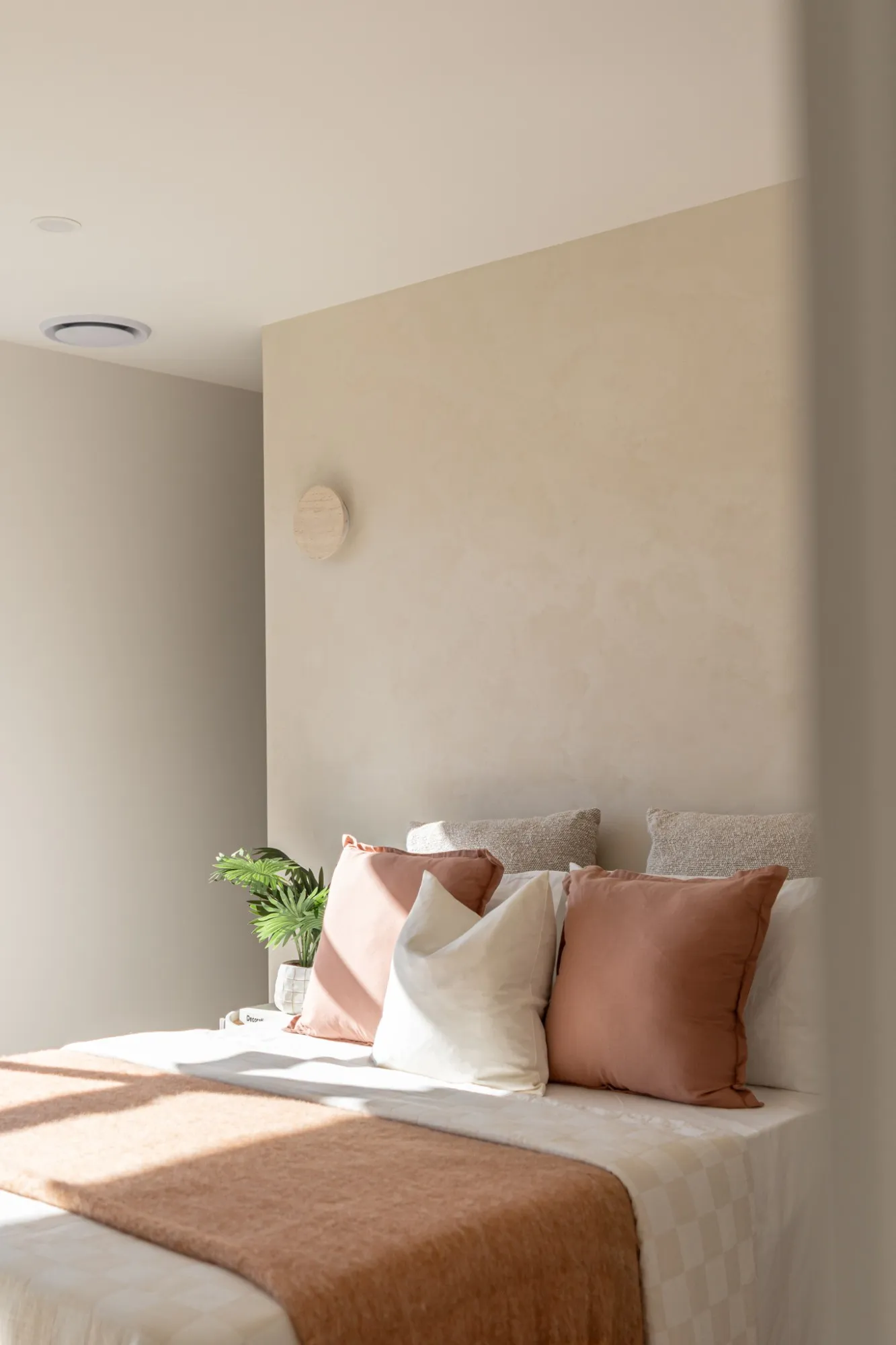 Sunlight across a bed in front of a Venetian plaster feature wall